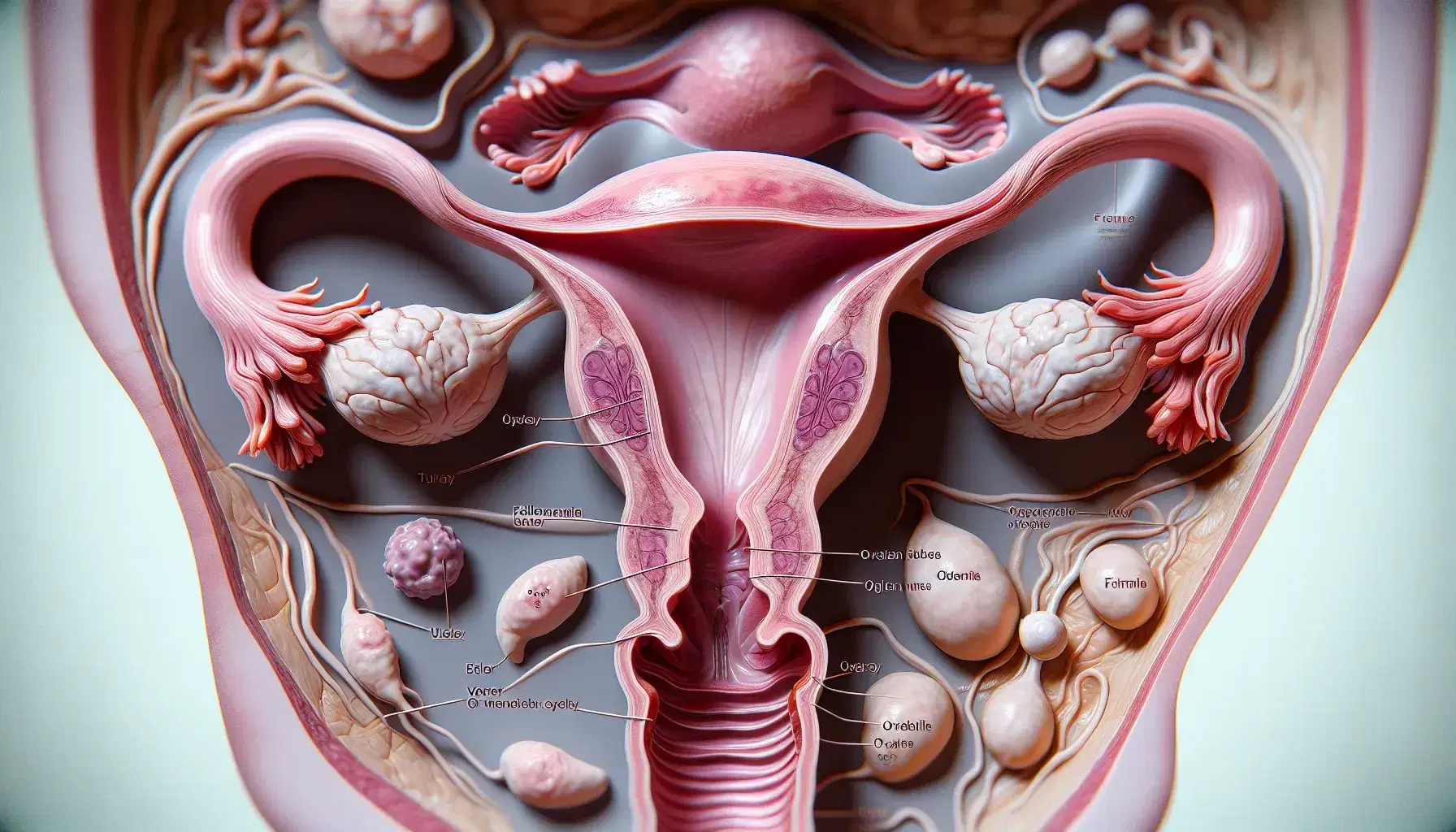 Sistema reproductor femenino con útero, trompas de Falopio y ovarios, destacando un folículo ovárico maduro y endometrio vascularizado.