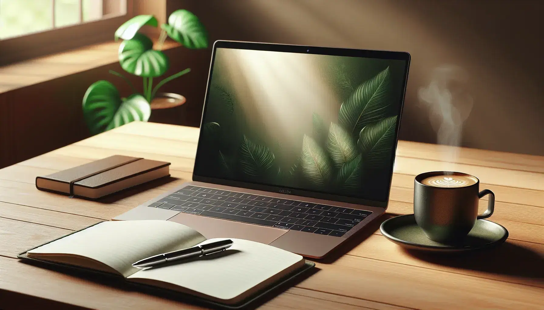 Scrivania in legno chiaro con laptop moderno aperto, taccuino con penna stilografica argento, tazza di caffè fumante e pianta verde sfocata sullo sfondo.