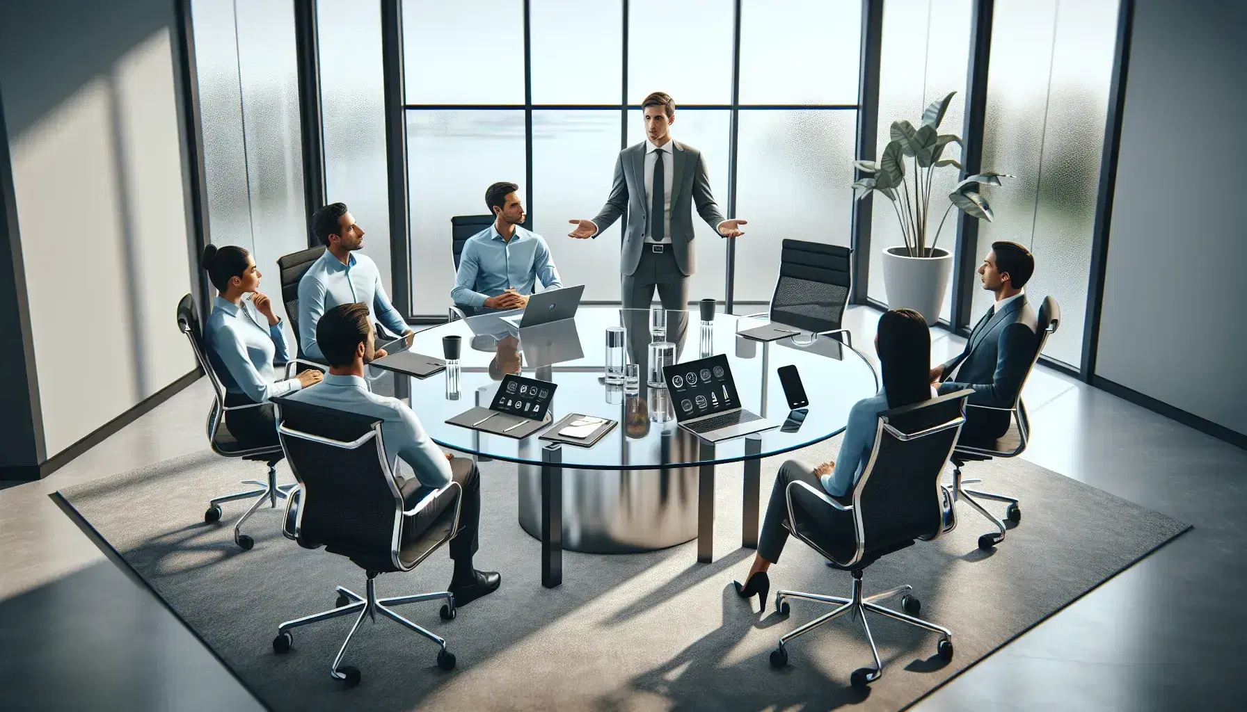 Reunión de negocios en oficina moderna con mesa de vidrio y sillas ergonómicas, un hombre de pie liderando y cuatro personas sentadas atentas, dispositivos electrónicos sobre la mesa y planta al lado de ventana con luz natural.