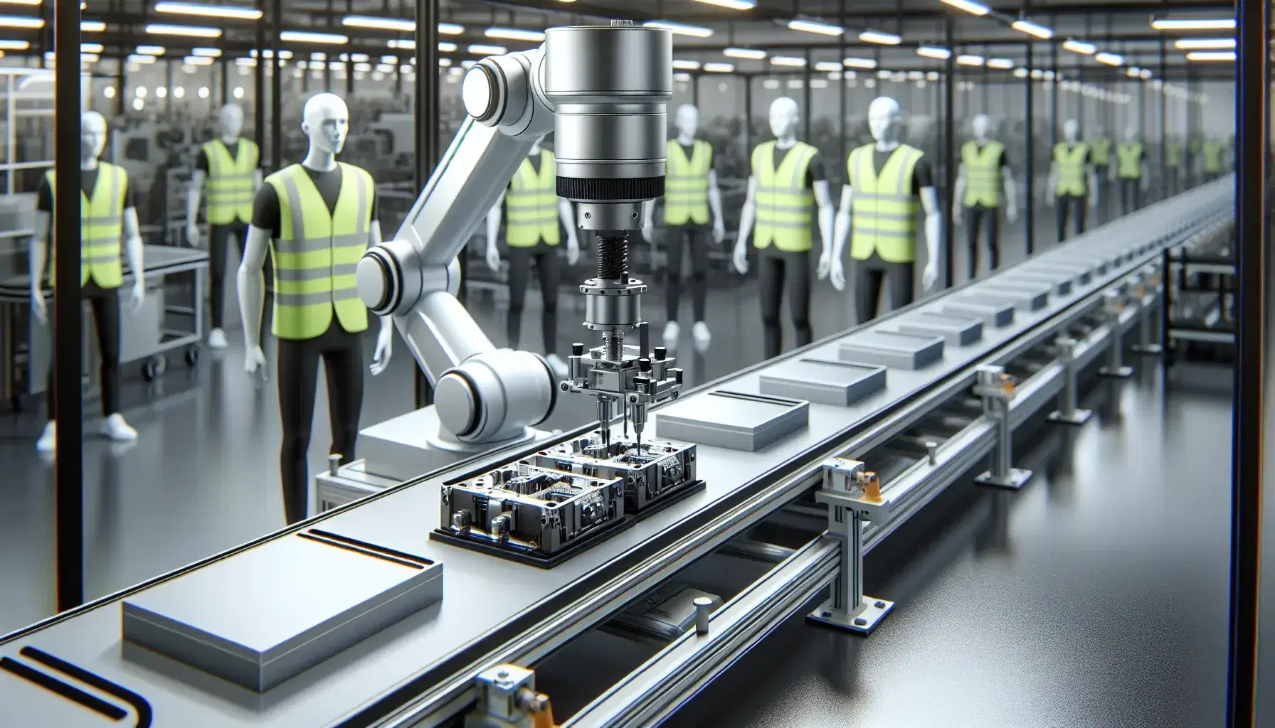 Robotic arm precisely assembling products on a conveyor belt in a clean, modern factory with attentive workers in safety vests monitoring.