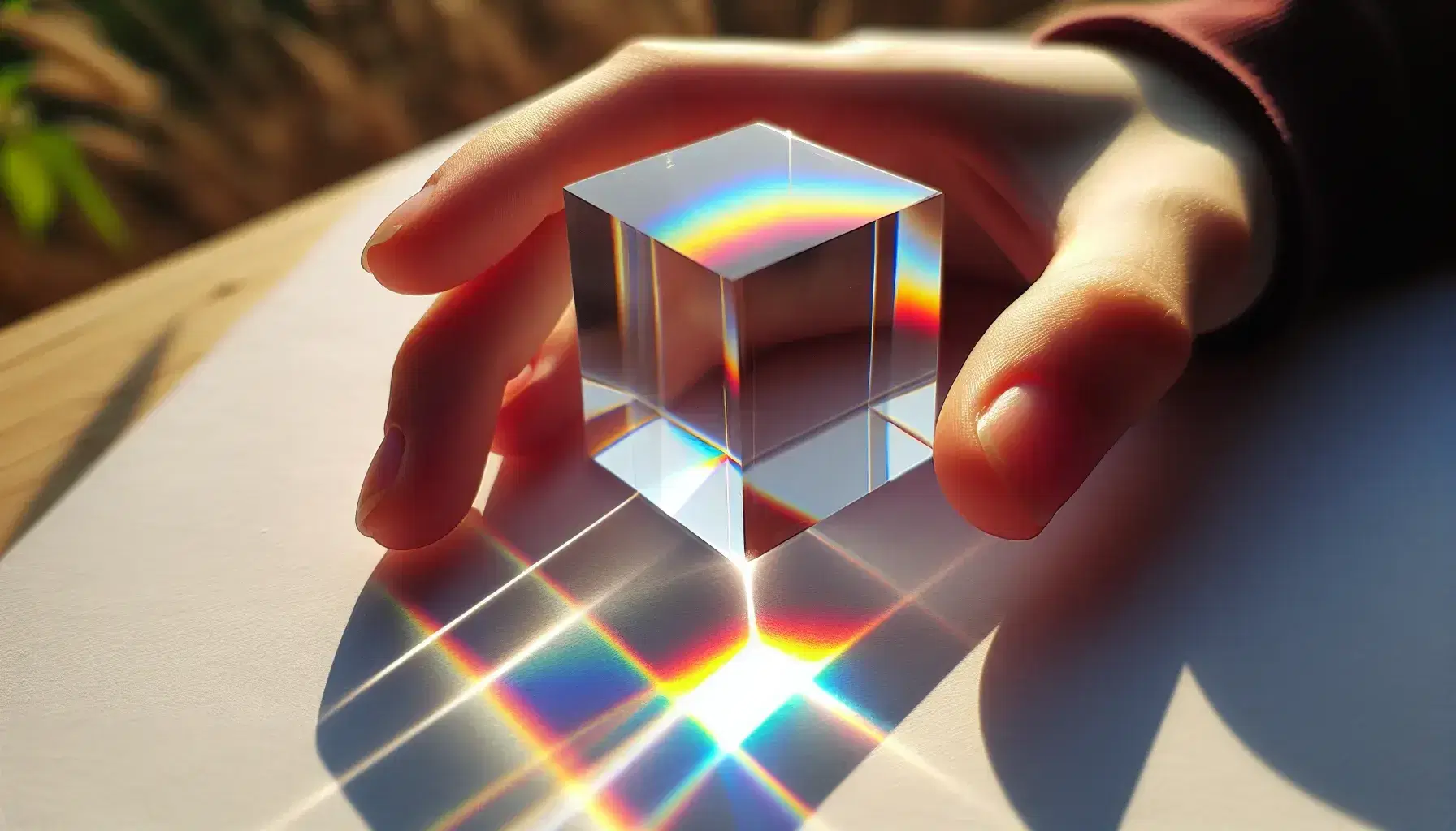 Hand holding a glass cube refracting sunlight into a spectrum on a white surface, with a blurred natural background.