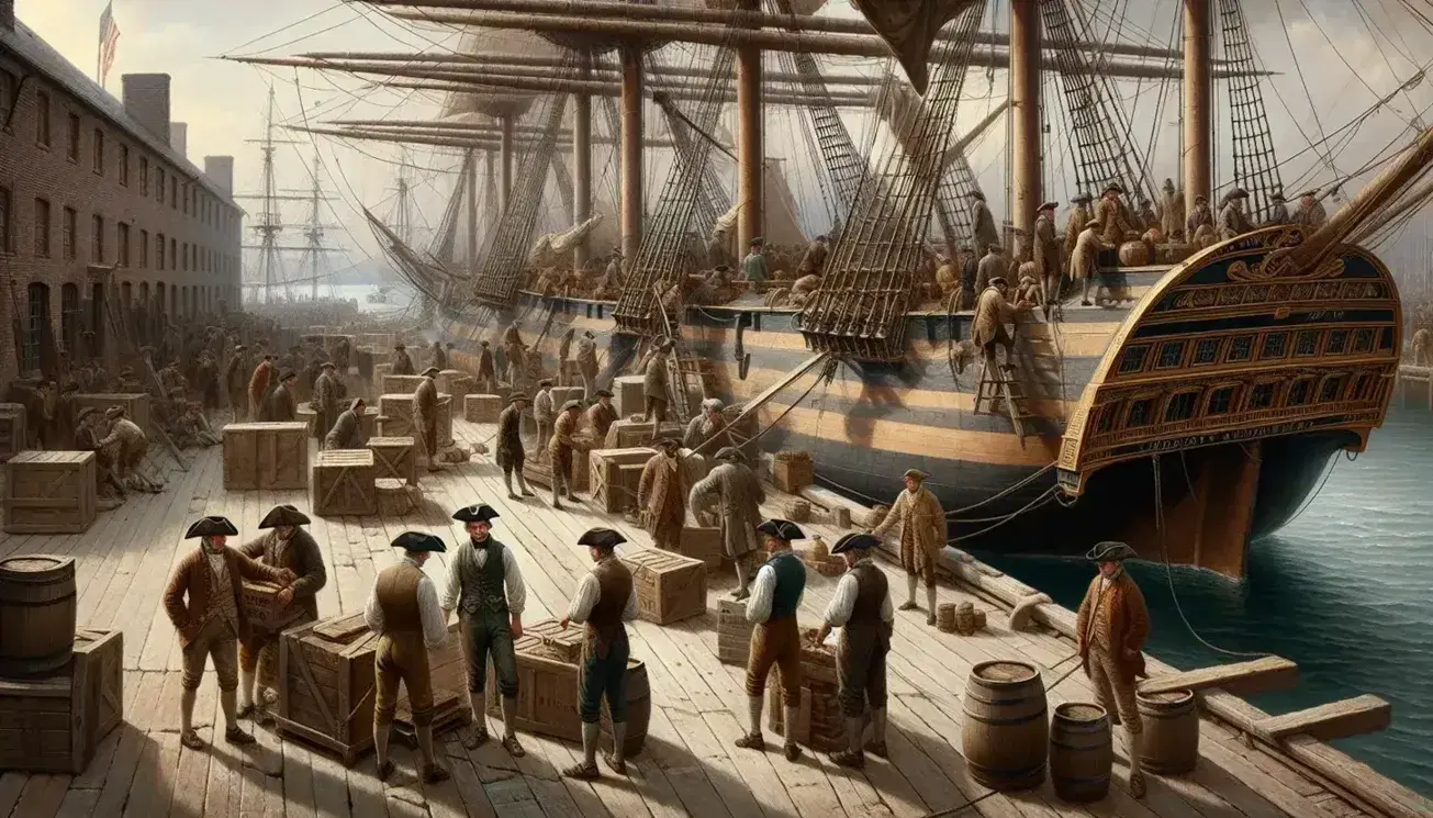 Early 19th-century American port scene with dock workers loading goods onto a large wooden sailing ship, clear skies, and other vessels in the harbor.
