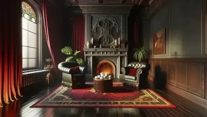 Camera d'albergo d'epoca con tappeto rosso, tende di velluto, vetrata colorata, caminetto in pietra, poltrone in pelle e letto a baldacchino.