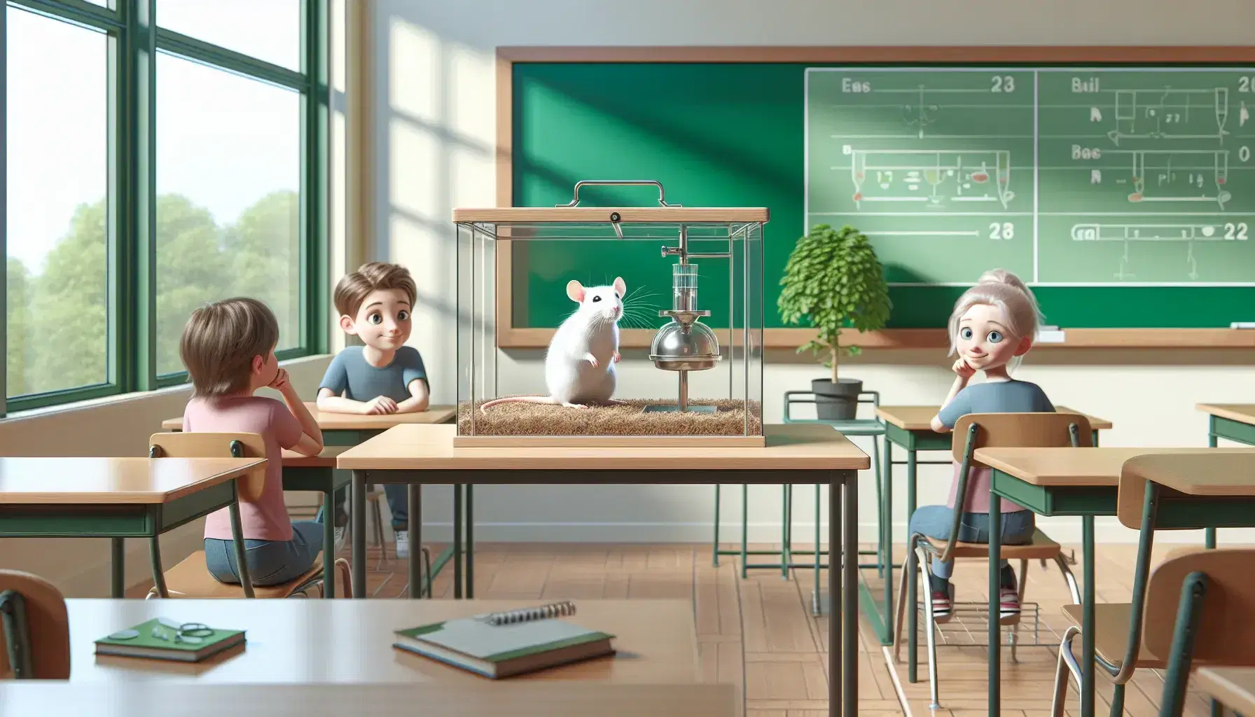Rata blanca en caja de vidrio con palanca y dispensador de comida en aula, con niño y niña observando atentamente, pizarra verde y planta al fondo.