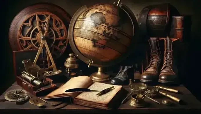 Collection of antique objects with carved wooden globe, brass astrolabe, silver sextant, open diary, pen and inkwell, leather boots and colored beads.