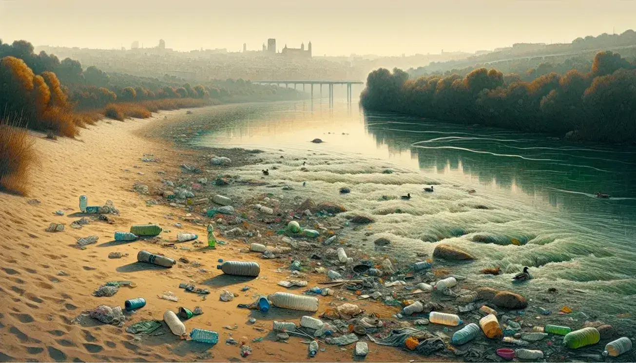 Polluted riverbank in Spain with plastic waste, murky water, ducks amidst debris, and a smog-covered cityscape in the background under a gradient sky.