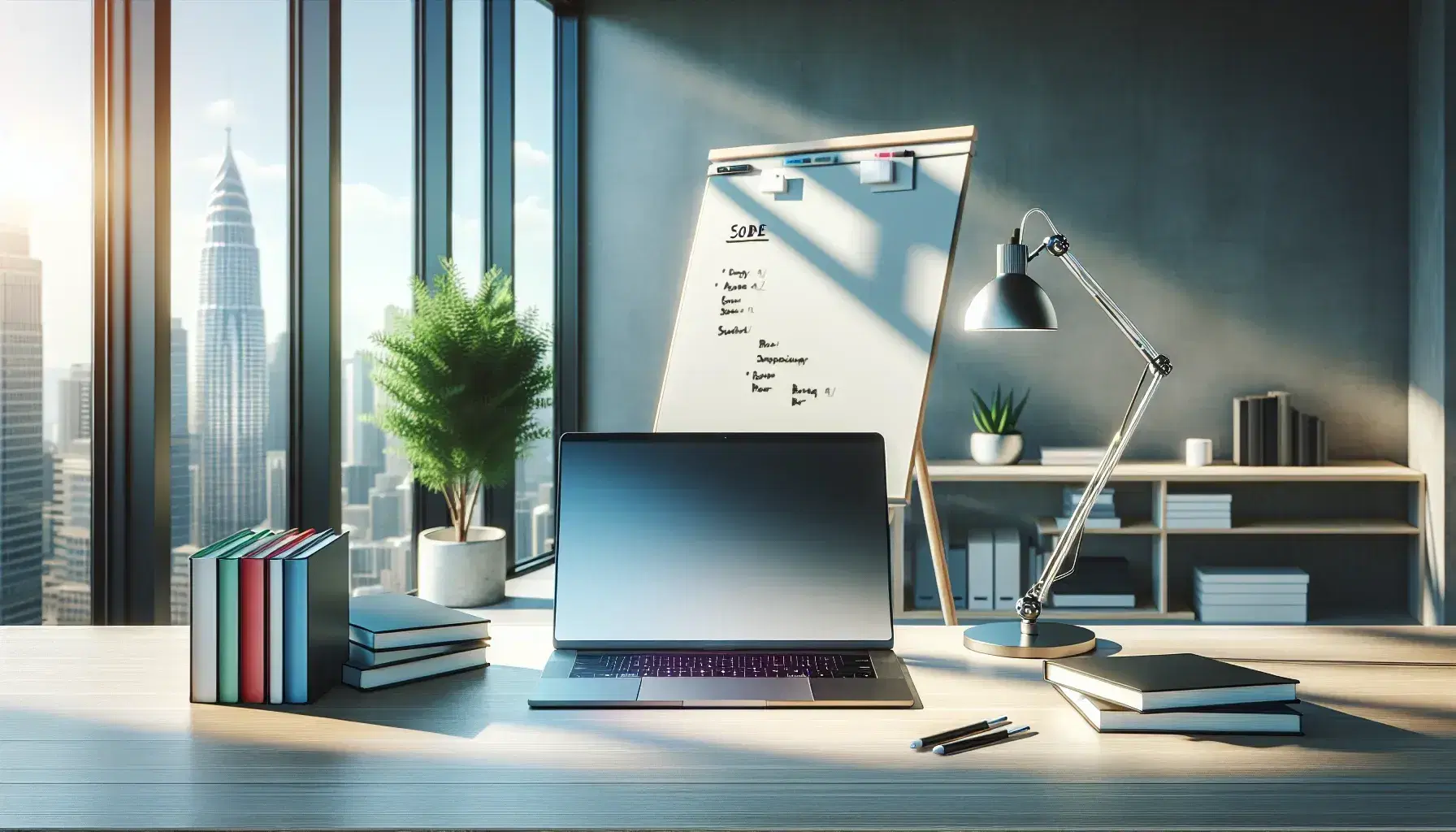 Modern developer workspace with silver laptop on wooden desk, white board, colorful books and green plant, urban background.