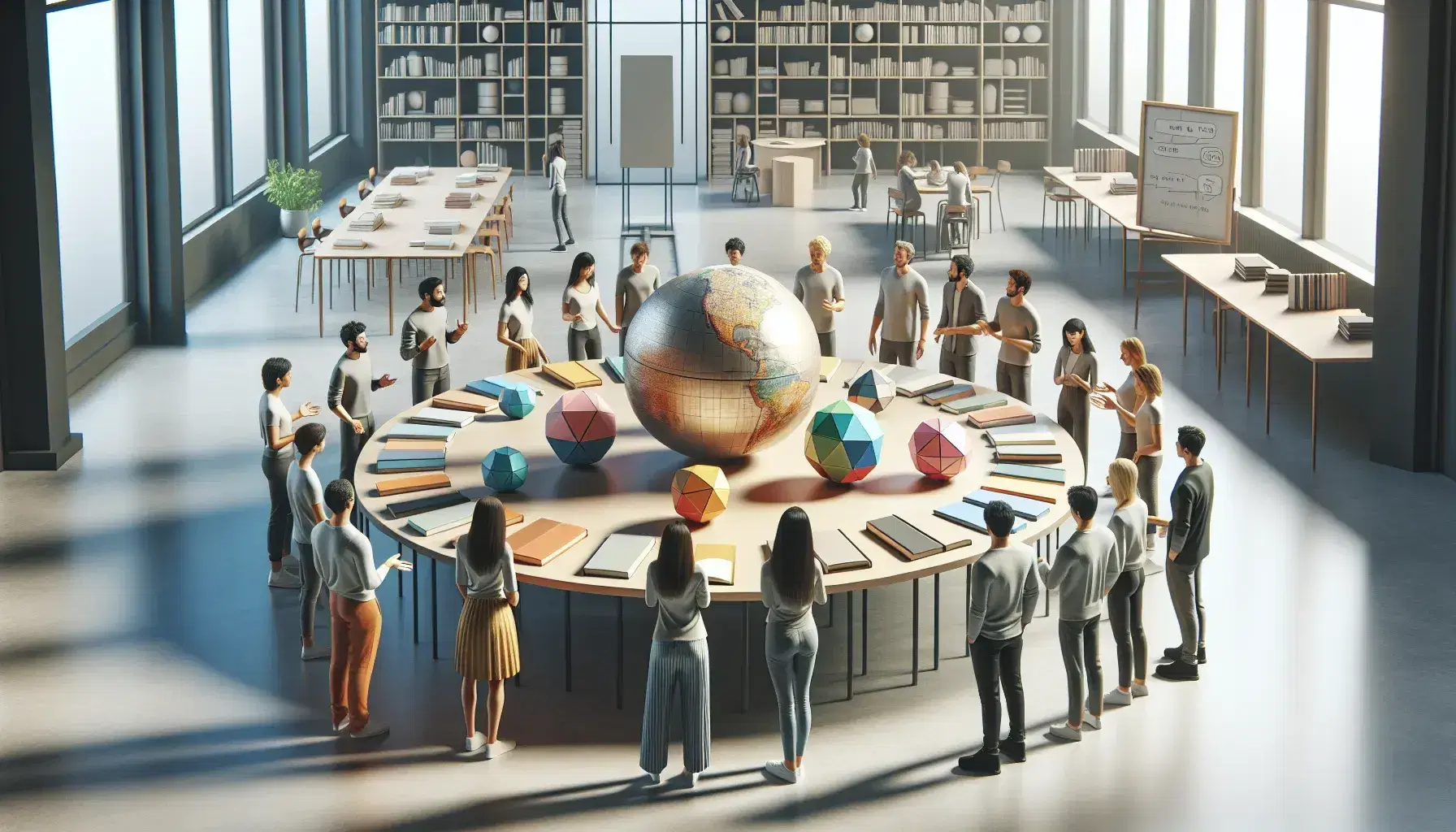 Grupo diverso de personas en animada discusión educativa alrededor de una mesa con globo terráqueo, libros y figuras geométricas en una sala iluminada naturalmente.