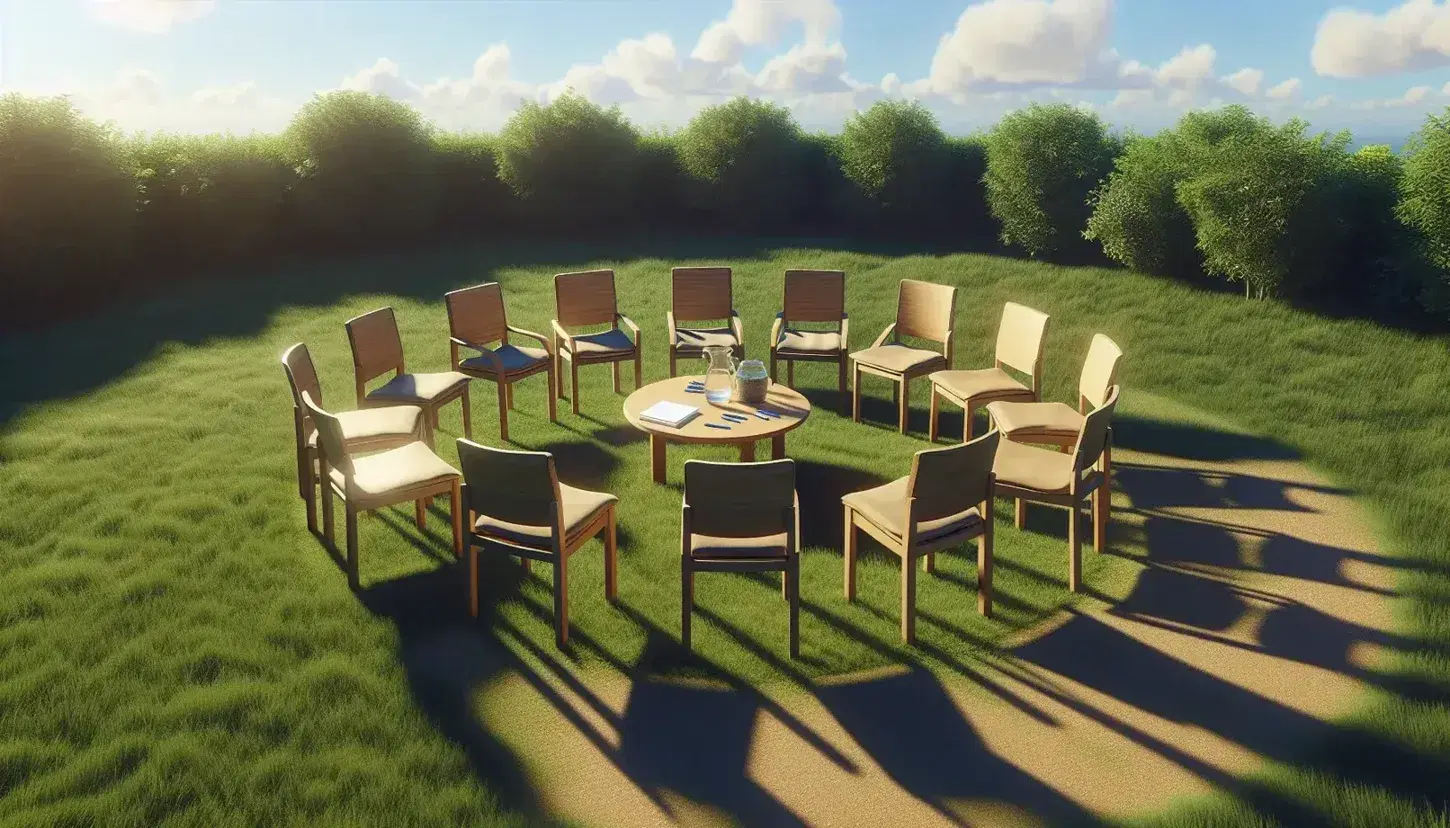 Circle of empty wooden chairs on green grass with central table, papers, pens and jug of water, under blue sky in outdoor setting.