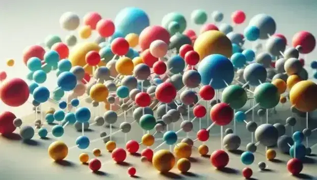 Modelo molecular tridimensional con esferas de colores y varillas transparentes en fondo neutro, reflejando luz suave y mostrando estructura compleja.