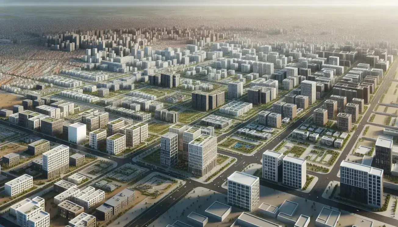 Vista aérea de ciudad moderna con edificios variados, calles entrecruzadas, áreas verdes y montañas al fondo en día soleado.