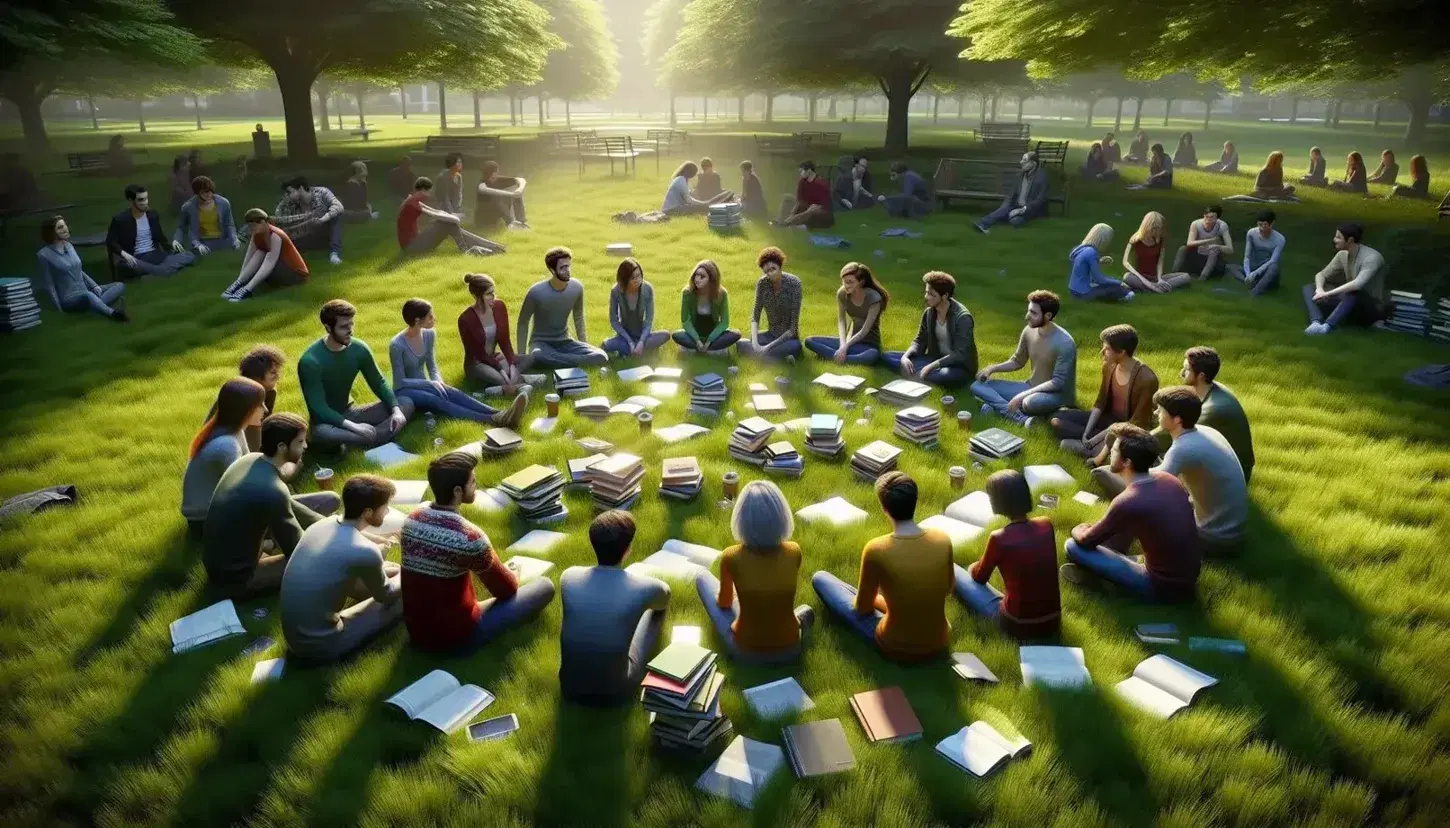 Estudiantes en sesión de estudio al aire libre sentados en círculo sobre césped verde con libros y cuadernos en el centro, rodeados de árboles.
