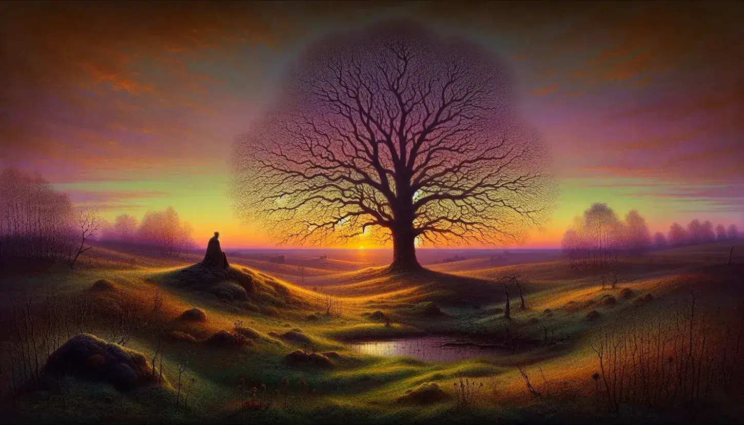 Paesaggio naturale al crepuscolo con albero spoglio su collina, figura umana seduta e riflesso in acqua sotto cielo arancione-viola.