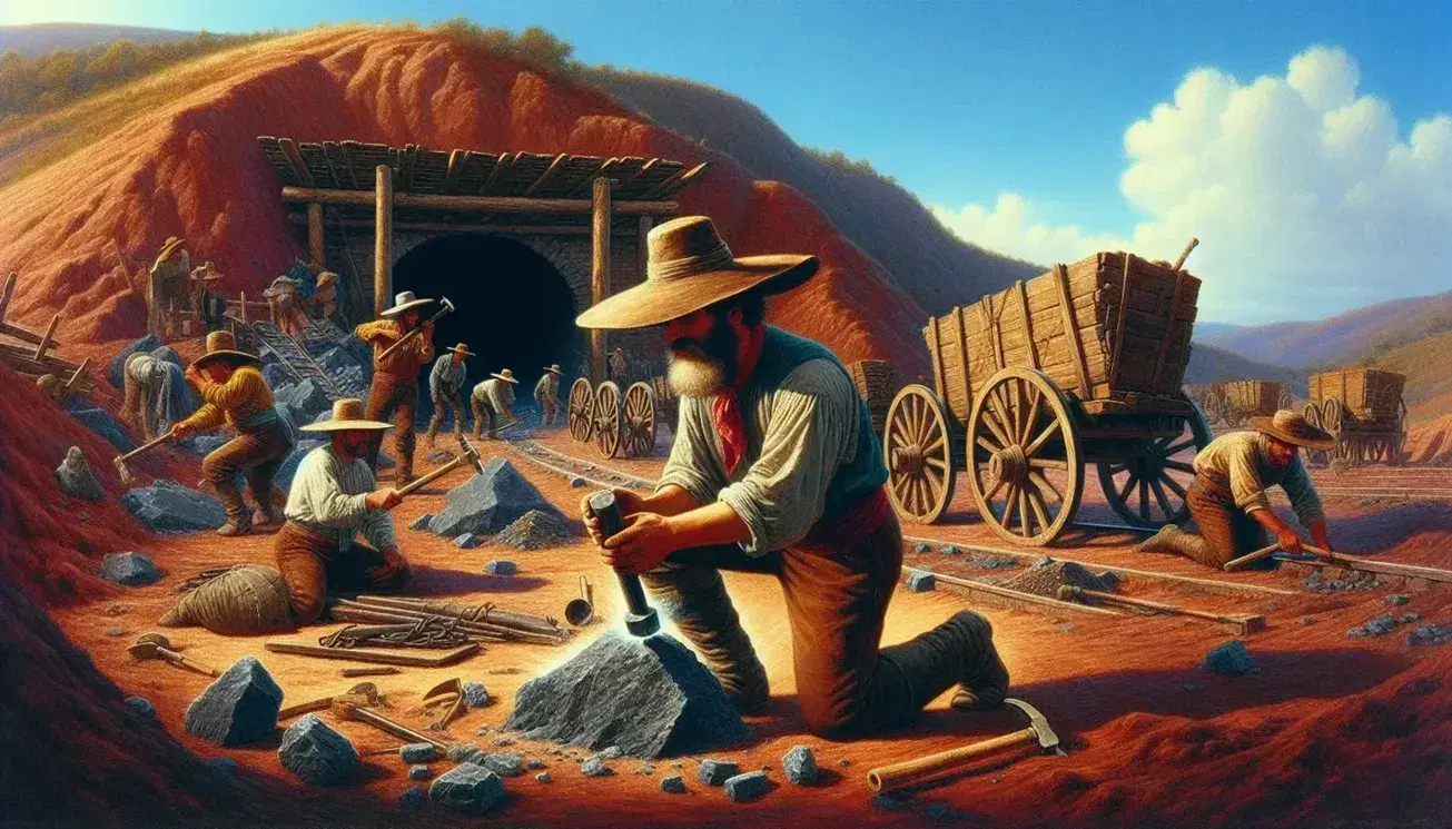 Trabajadores en una mina colonial de la Nueva España, con herramientas y carros de madera, bajo un cielo azul con montañas al fondo.