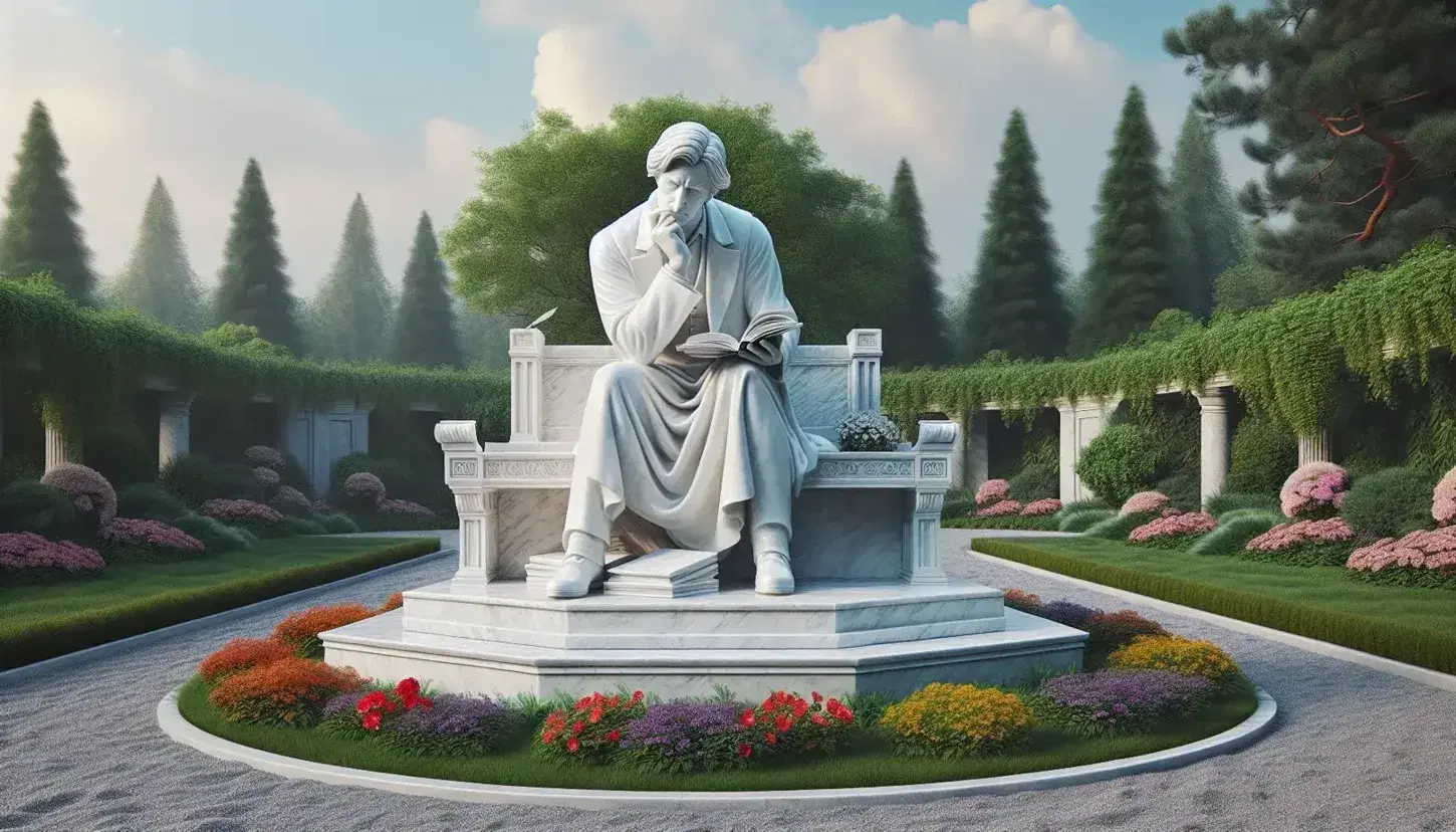 Statua in marmo bianco di poeta pensieroso seduto su panchina in giardino rigoglioso, con libro aperto e penna, circondato da fiori colorati.