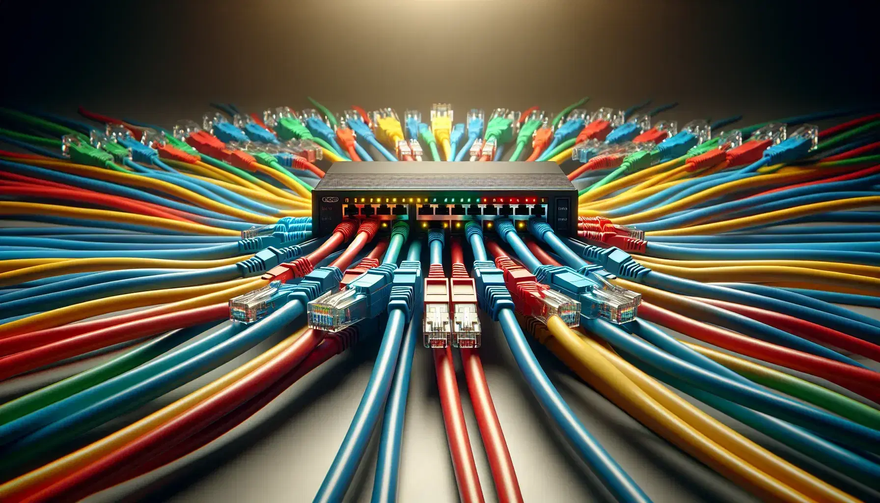 Cables de red de colores vivos conectados a un dispositivo central con luces LED indicadoras de actividad en un fondo neutro desenfocado.