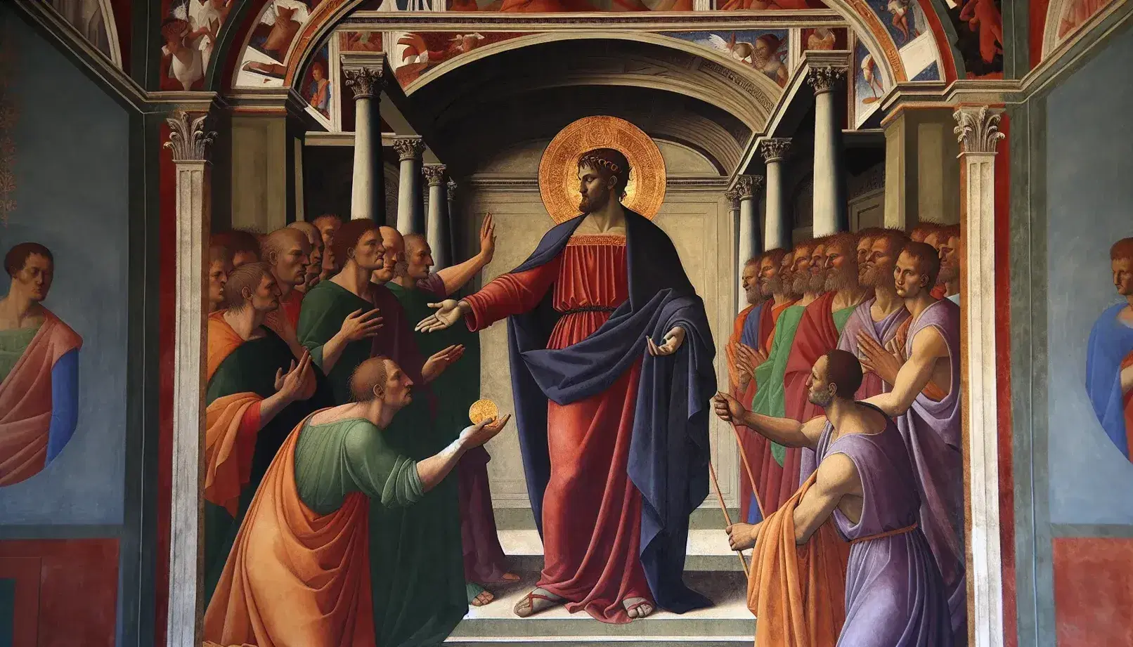 Dettaglio centrale del 'Tributo' di Masaccio, con figure umane, architettura rinascimentale e uso di prospettiva.