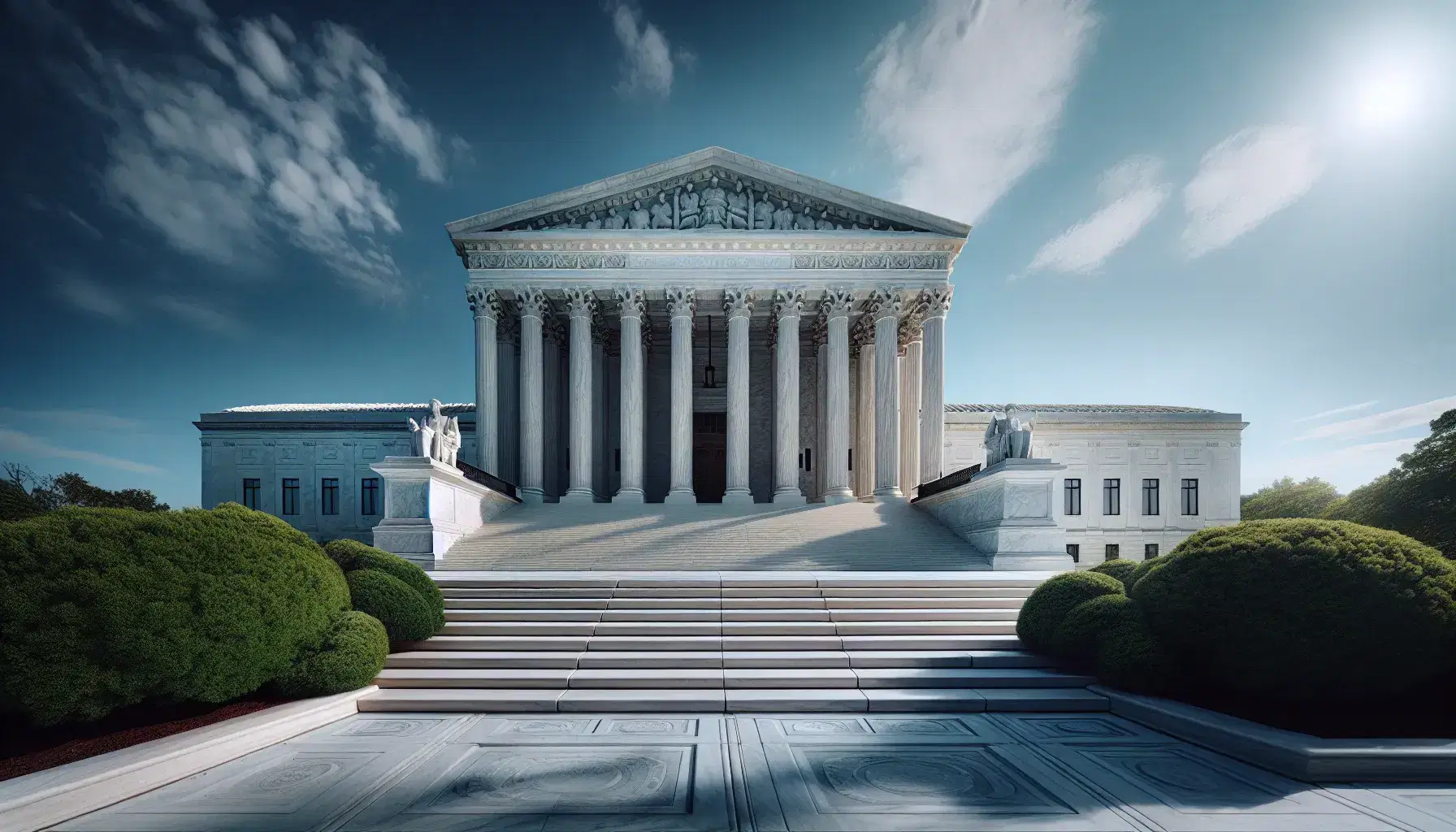 Front steps of the United States Supreme Court building with Corinthian columns and blue sky, showcasing the marble facade and grand entrance.