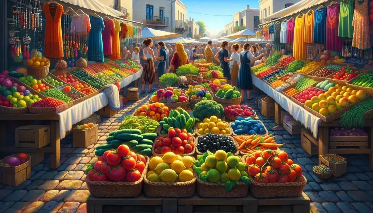 Bustling outdoor market with fresh produce on wooden stalls, colorful clothing, handmade jewelry, and a diverse crowd on a sunny cobblestone street.