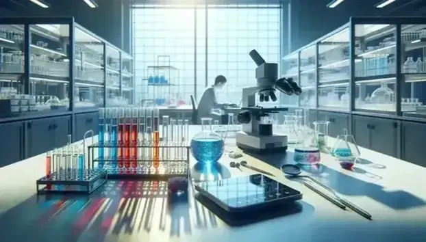 Laboratorio di ricerca moderno e luminoso con tavolo attrezzato di provette colorate, bilancia digitale, microscopio e ricercatore al computer.