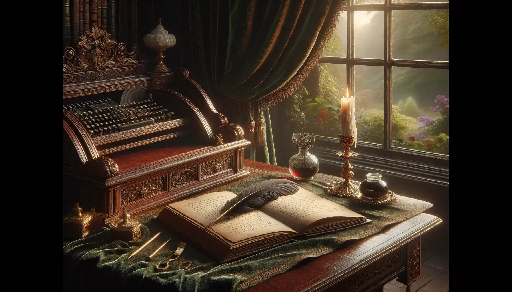 Victorian writing desk with carved mahogany wood, open leather-bound book, quill pen, inkwell, and candlestick in a room with garden view.