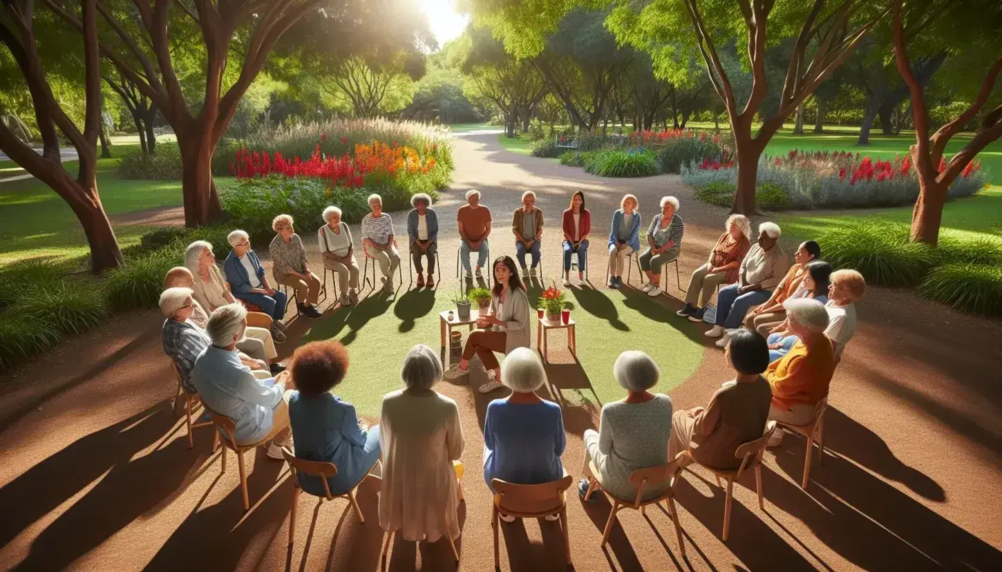 Grupo diverso de personas mayores disfrutando de una actividad al aire libre en un parque, dirigidos por una mujer de mediana edad, con árboles y flores coloridas alrededor.