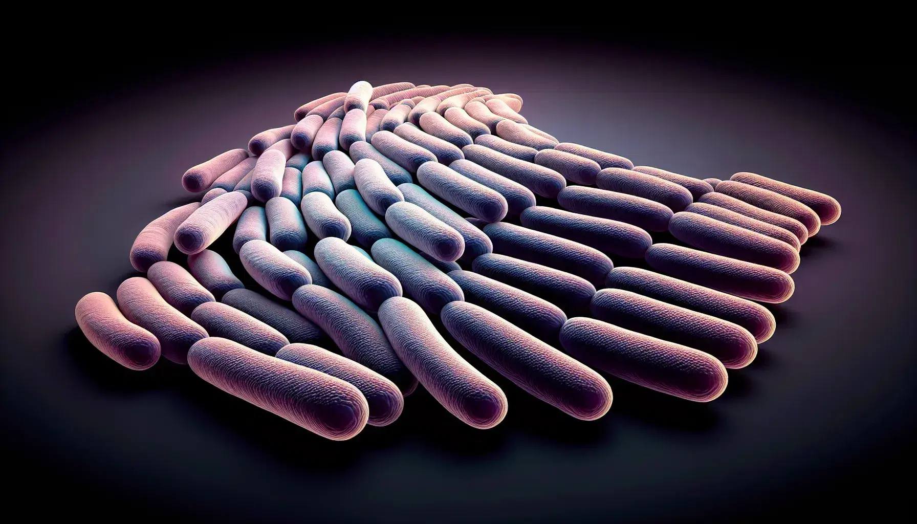 Células bacterianas alargadas y curvadas teñidas en tonos rosa pálido a púrpura claro, dispuestas en cadena con fondo oscuro y efecto de sombra para resaltar su forma tridimensional.