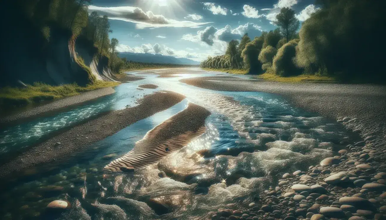 Fiume serpeggiante con acque cristalline e vegetazione lussureggiante su rive di ciottoli, in una giornata soleggiata.
