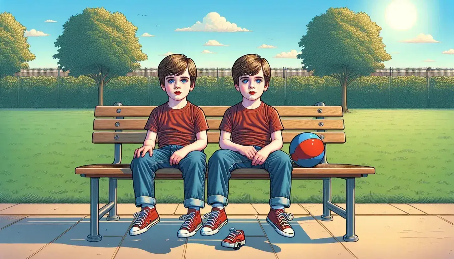 Seven year old Caucasian twins sitting on park bench, one in red t-shirt and dark blue jeans, the other in green and light blue jeans, holding ball and toy car.
