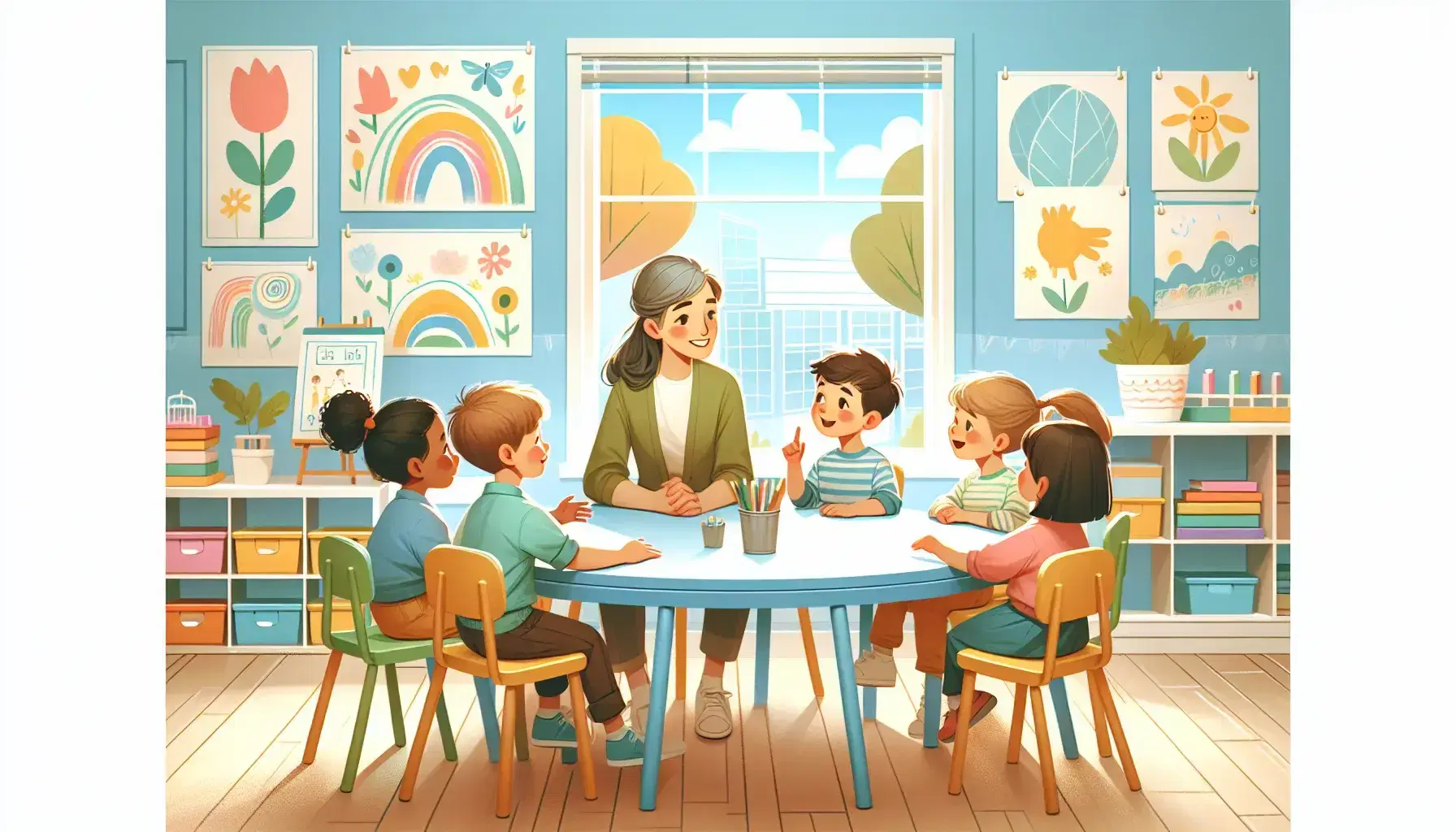 Aula colorida con un maestro interactuando con cuatro niños sentados alrededor de una mesa redonda, paredes decoradas con dibujos y estantería con libros.