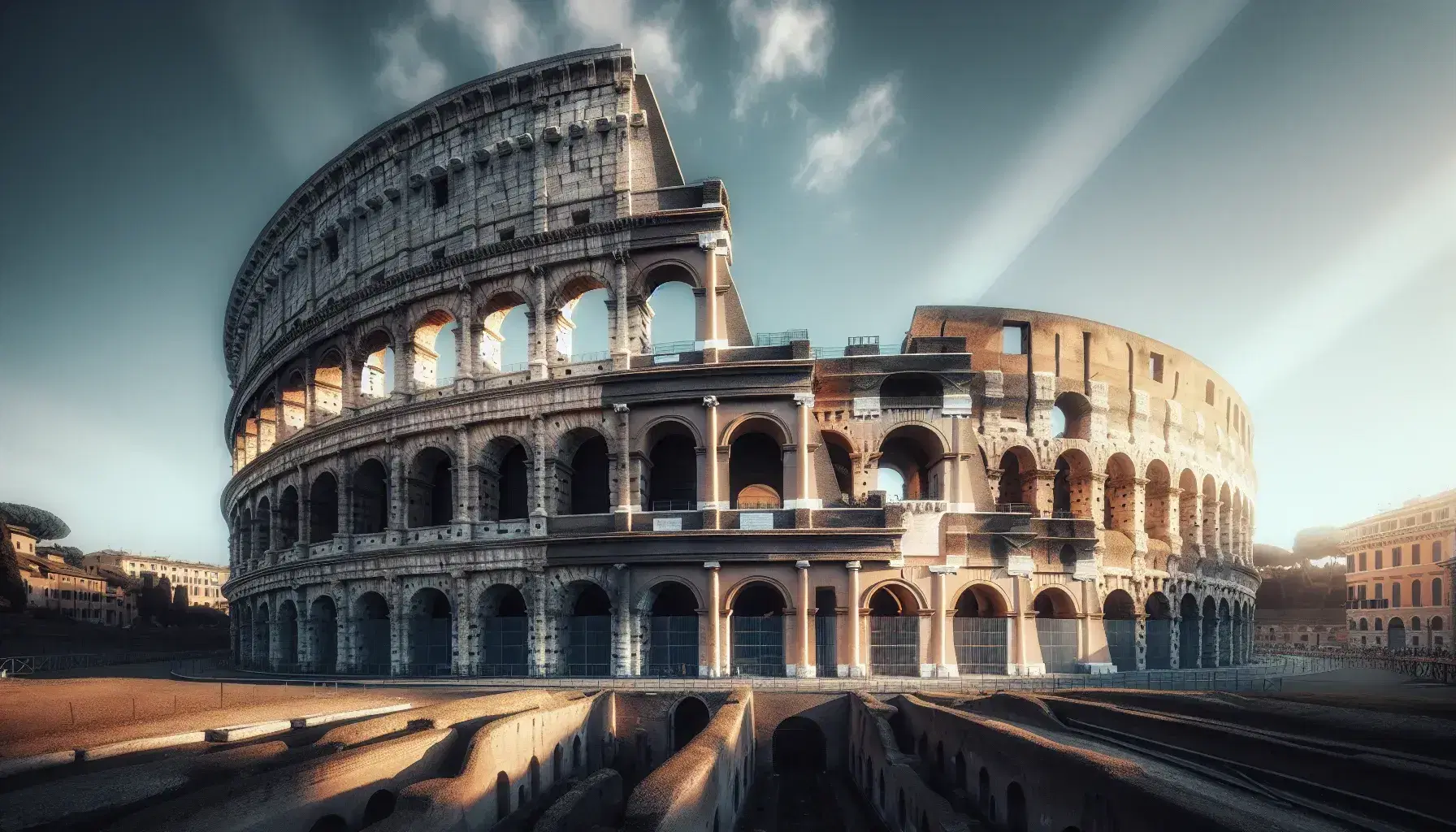 Colosseo di Roma in una giornata di cielo sereno, con dettagli delle arcate e colonne antiche illuminate dal sole.