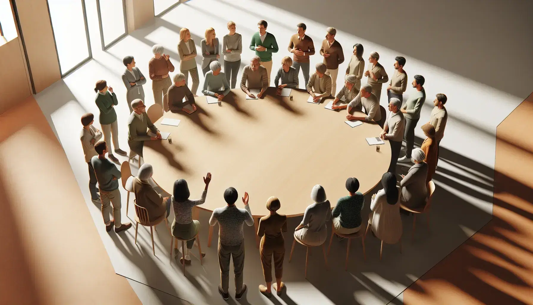 Grupo diverso de personas en animada discusión alrededor de una mesa redonda en una sala de reuniones iluminada y sin decoración.