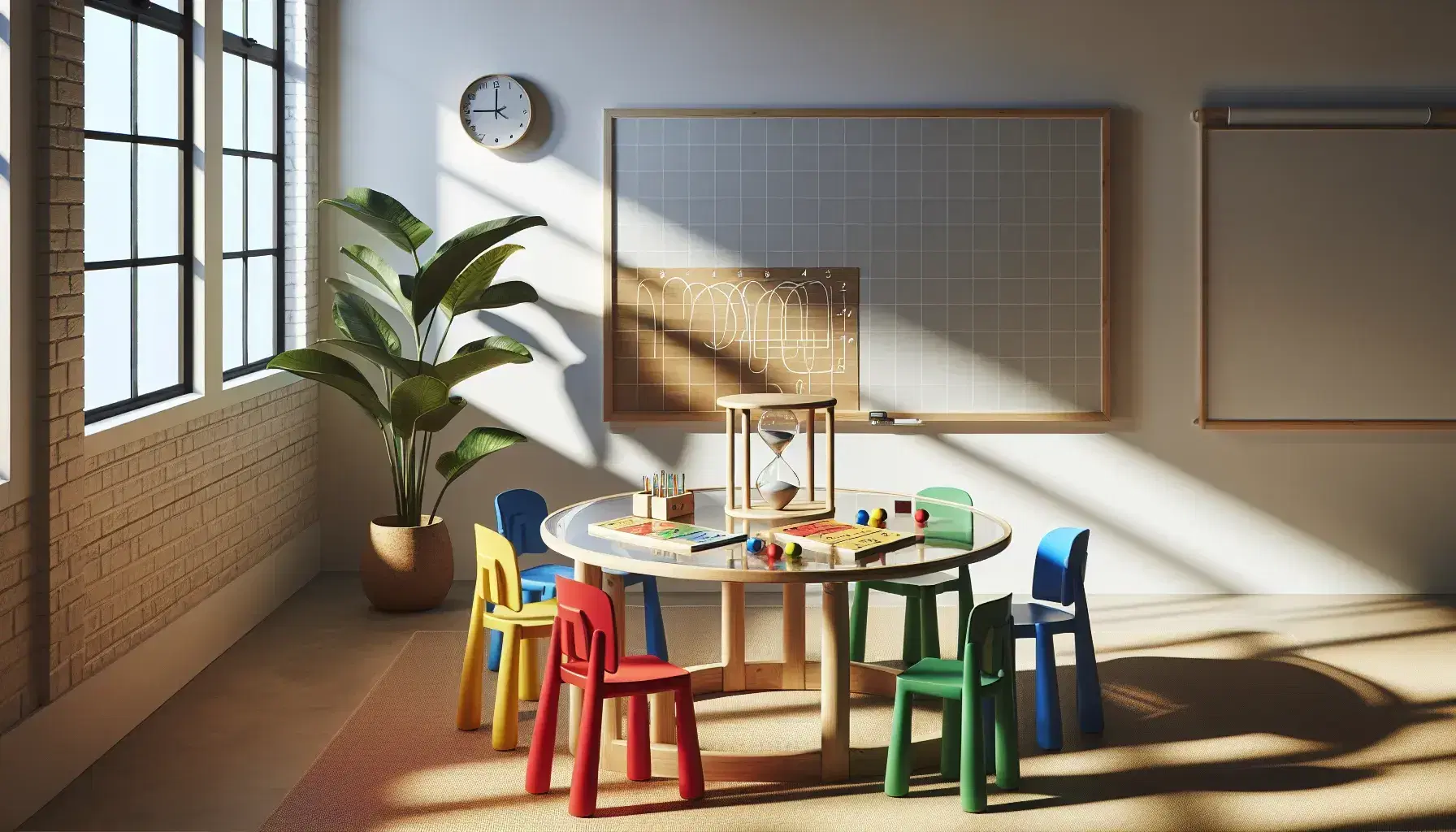 Aula iluminada con mesa redonda de madera y sillas plásticas de colores, juguetes educativos sobre la mesa, pizarra blanca y planta interior.