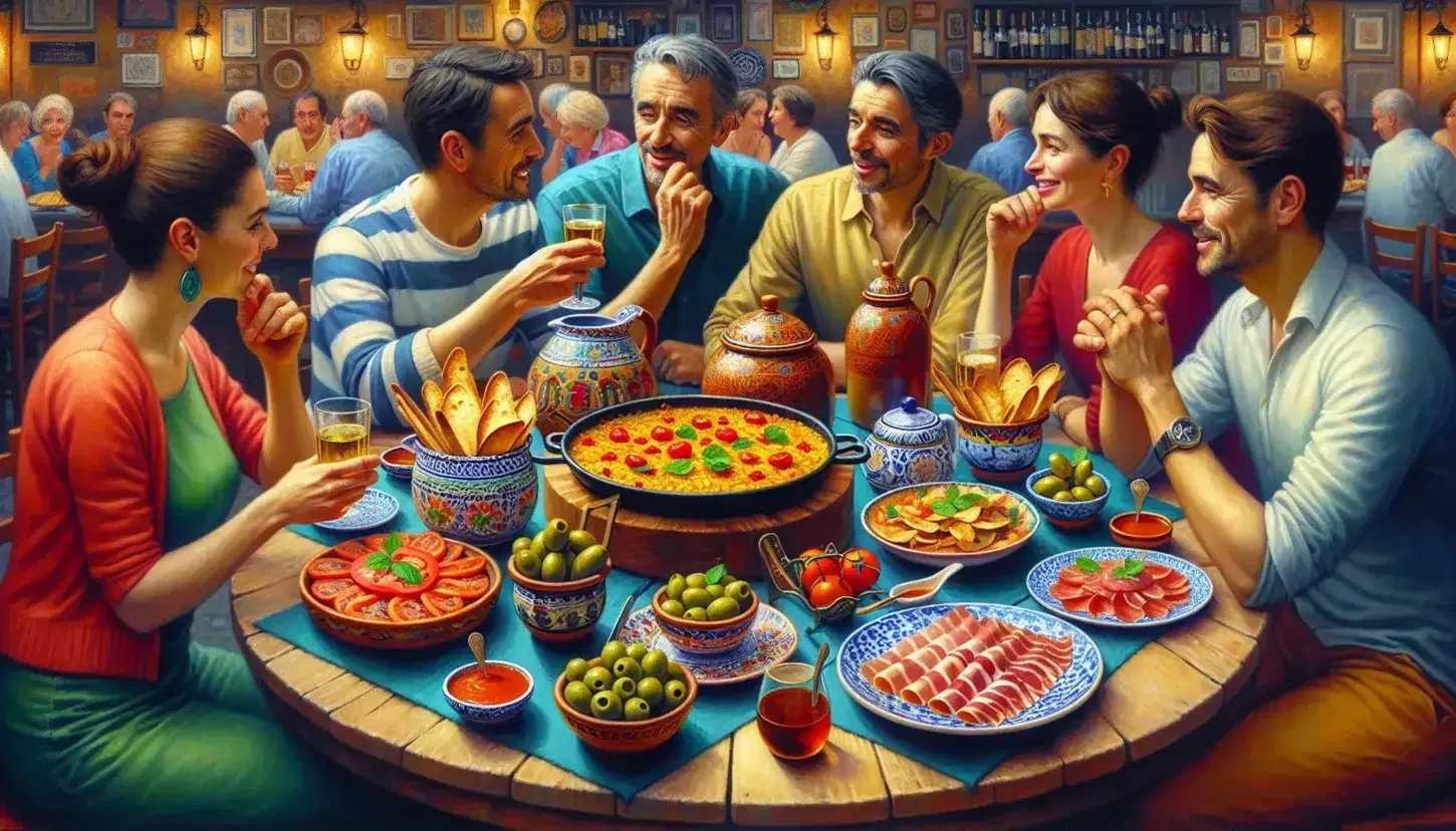 Vibrant Spanish tapas bar with patrons enjoying colorful dishes like olives, tomato-topped bread, paella, and cured ham, with a bartender pouring drinks.