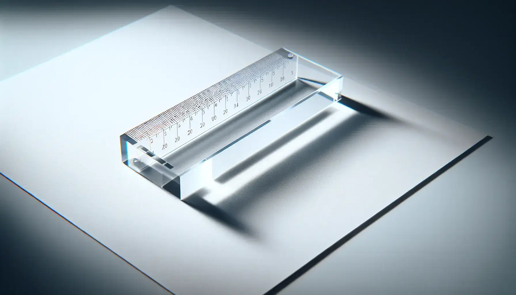 Transparent acrylic ruler with frosted edge laid diagonally on white sheet, light shadow, delicate reflections, monochrome background.