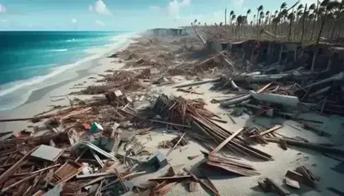Devastated coastline with debris on the beach, leaning palm trees and damaged buildings under a clear sky and calm sea.