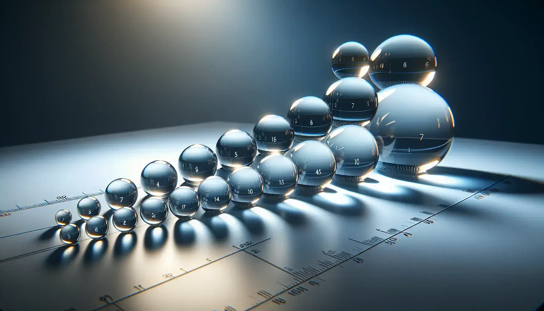 Sfere di vetro trasparenti in ordine crescente su superficie riflettente con luci e ombre delicate, simboleggiano progressione e precisione.