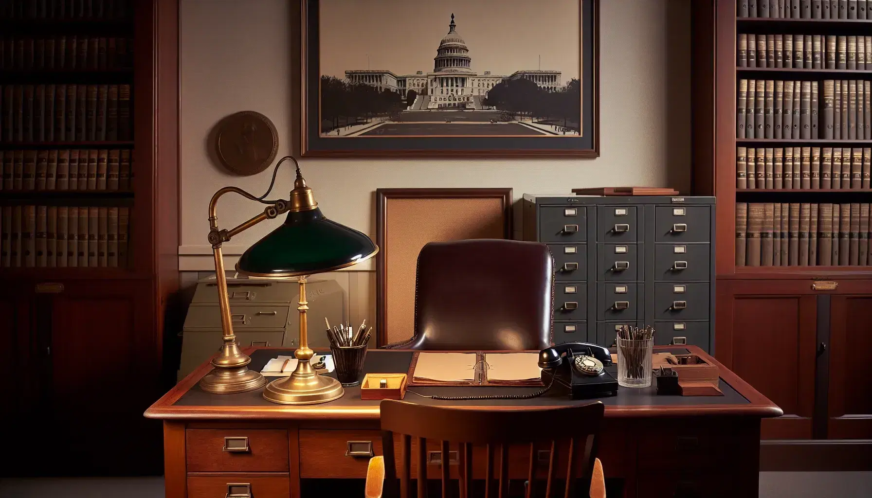 Vintage American government office with wooden desk, green desk lamp, rotary phone, inkwells, and a photo of the Capitol on the wall.