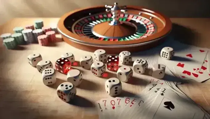 Dados de colores dispersos en mesa de madera con rueda de ruleta desenfocada y cartas boca abajo, iluminación suave y fondo neutro.