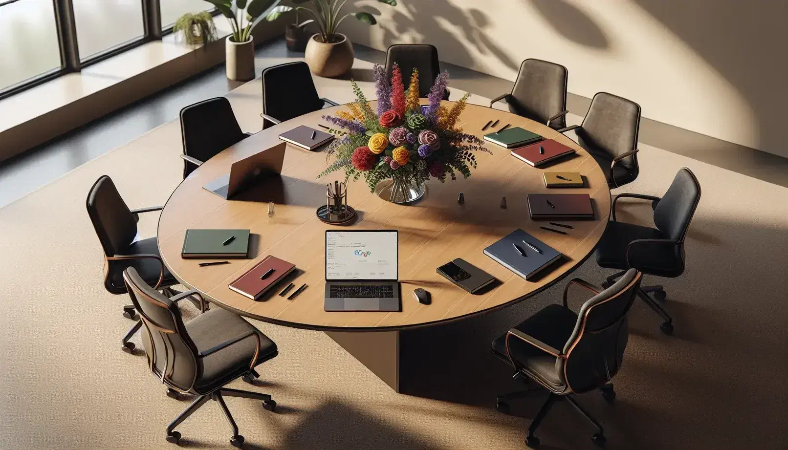 Mesa de reuniones ovalada con superficie de madera clara y seis sillas ergonómicas azules, adornada con arreglo floral multicolor, portátil abierto, teléfono móvil y cuadernos apilados.