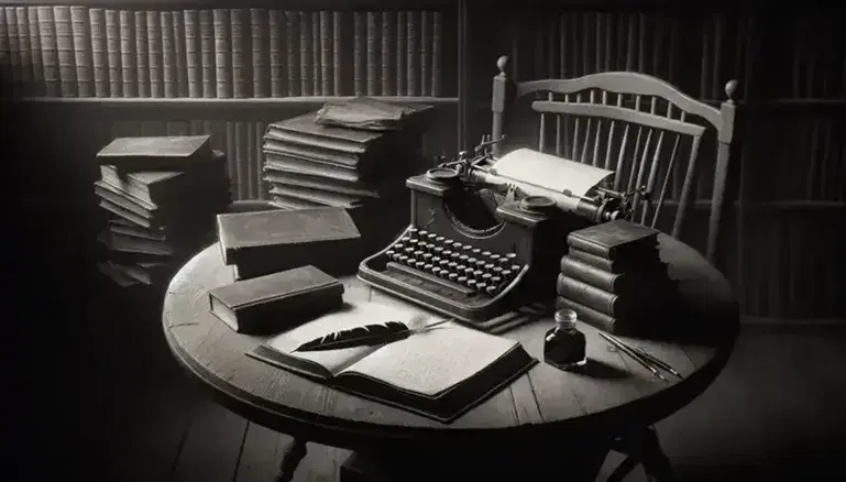 Vintage writing setup with typewriter, blank book, quill pen, inkwell, and stack of papers on a wooden table, with out-of-focus bookshelf in the background.
