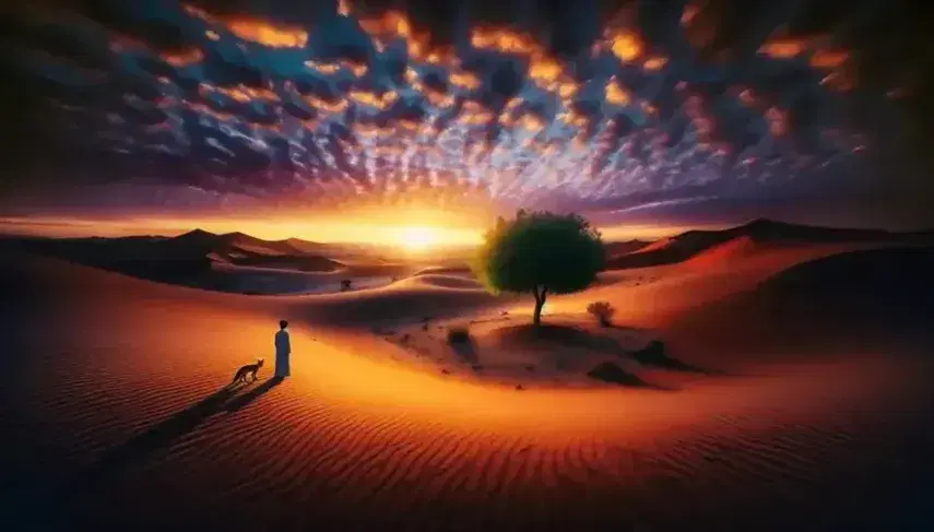 Paesaggio desertico al tramonto con dune sabbiose, albero solitario, bambino di spalle e volpe seduta, cielo colorato senza scritte.