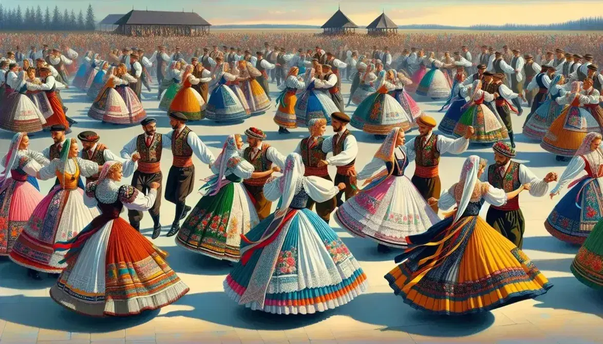 Grupo de bailarines en trajes tradicionales coloridos realizando danza folclórica en escenario al aire libre con cielo despejado.