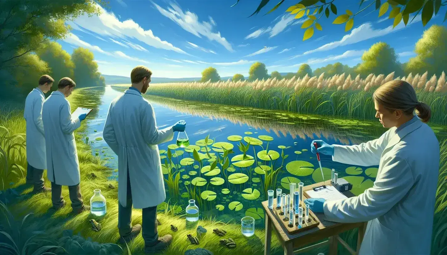 Three scientists in lab coats test water quality at a lush wetland, examining samples amidst greenery under a clear blue sky.