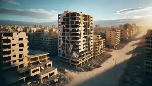 Paesaggio urbano devastato con edifici danneggiati e strada dissestata, sotto un cielo azzurro con montagne sullo sfondo.