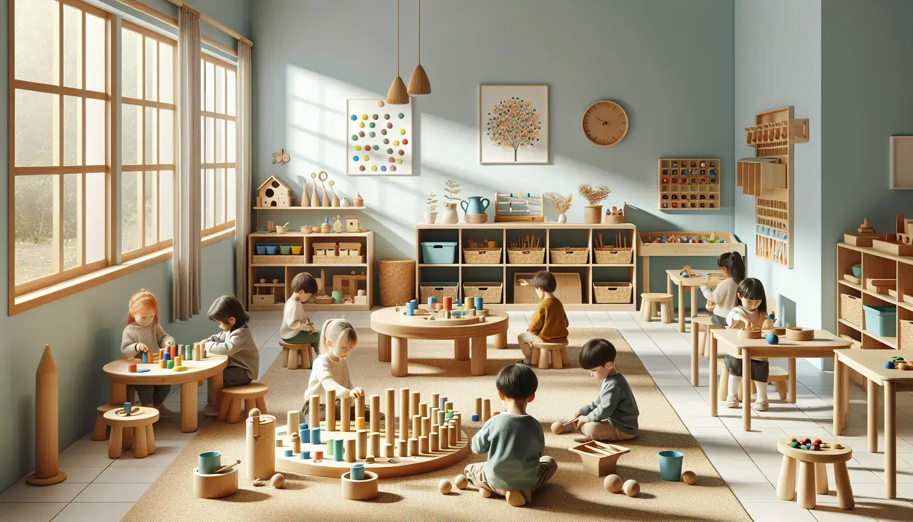 Aula Montessori luminosa con bambini impegnati in attività educative, materiali didattici su scaffali bassi e tavolo con attività di vita pratica.