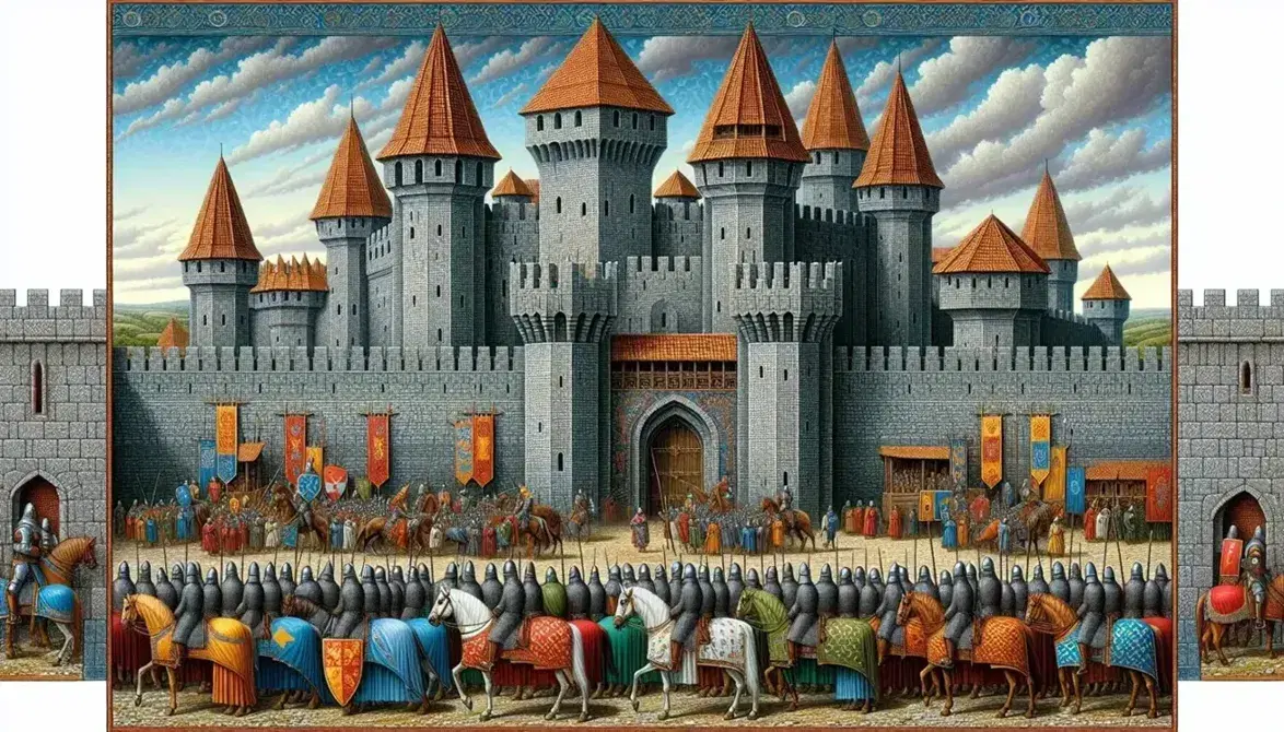 Scena medievale con città fortificata, cavalieri in armatura e contadini al lavoro sotto un cielo sereno.