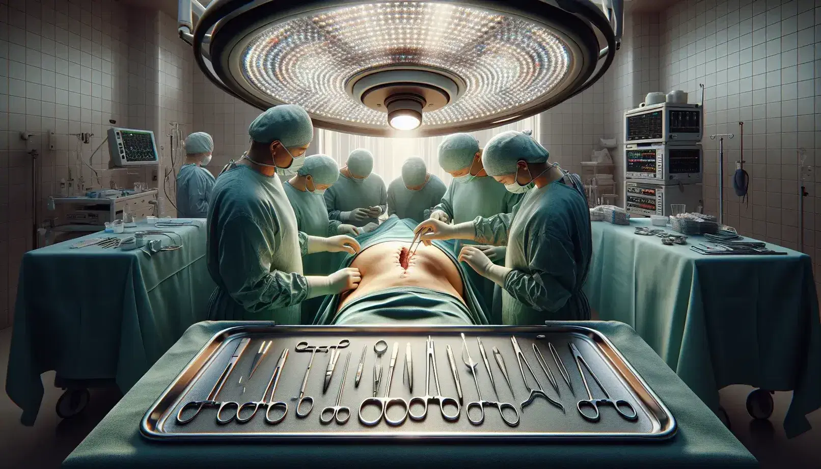 Cirugía en proceso con paciente bajo drapes quirúrgicos verdes, rodeado de instrumentos estériles y equipo médico enfocado en la operación bajo luz intensa.