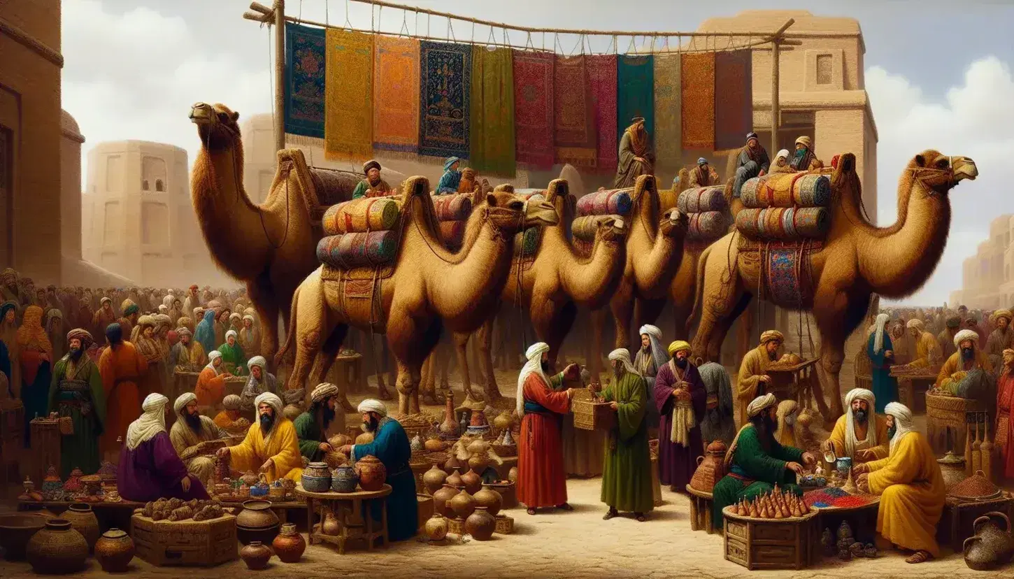 Bustling ancient Silk Road market with a camel caravan, diverse traders bartering goods, vibrant textiles, and spice baskets under a clear blue sky.