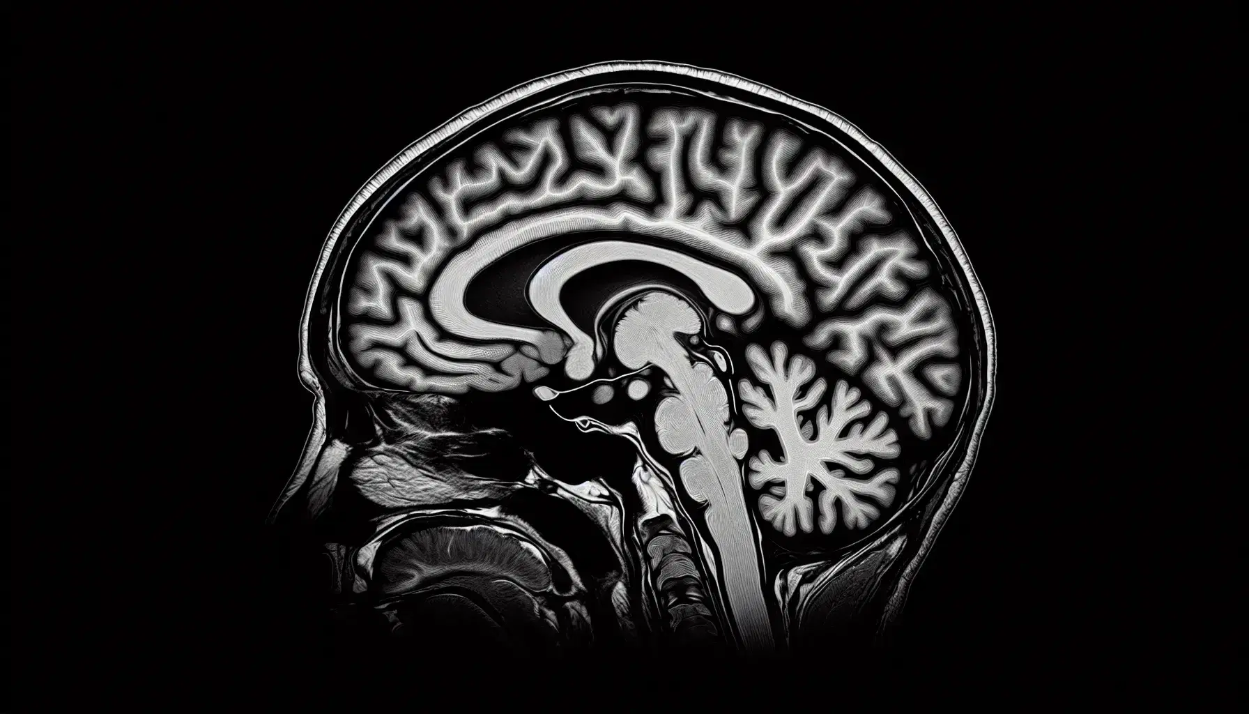 Resonancia magnética cerebral en perfil mostrando estructuras internas, materia gris y blanca, y ventrículos con líquido cefalorraquídeo.